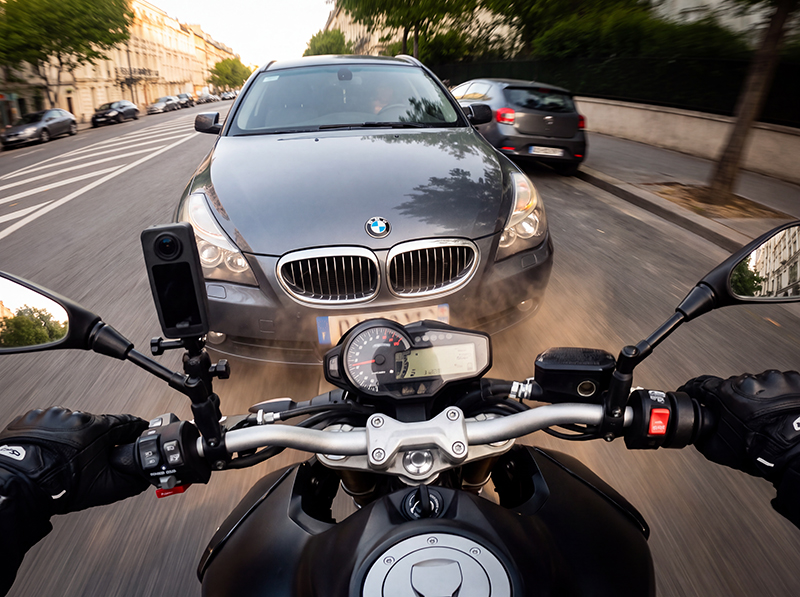 Motorcycle head on with car